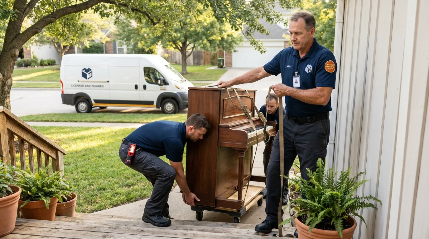 Licensed piano movers securing grand piano in Reform, AL