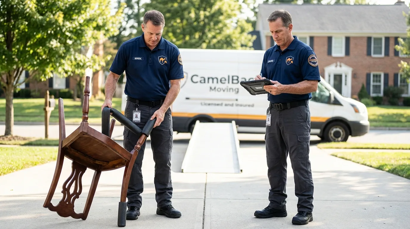 Movers inspecting furniture for damage prevention before loading in Reform, AL