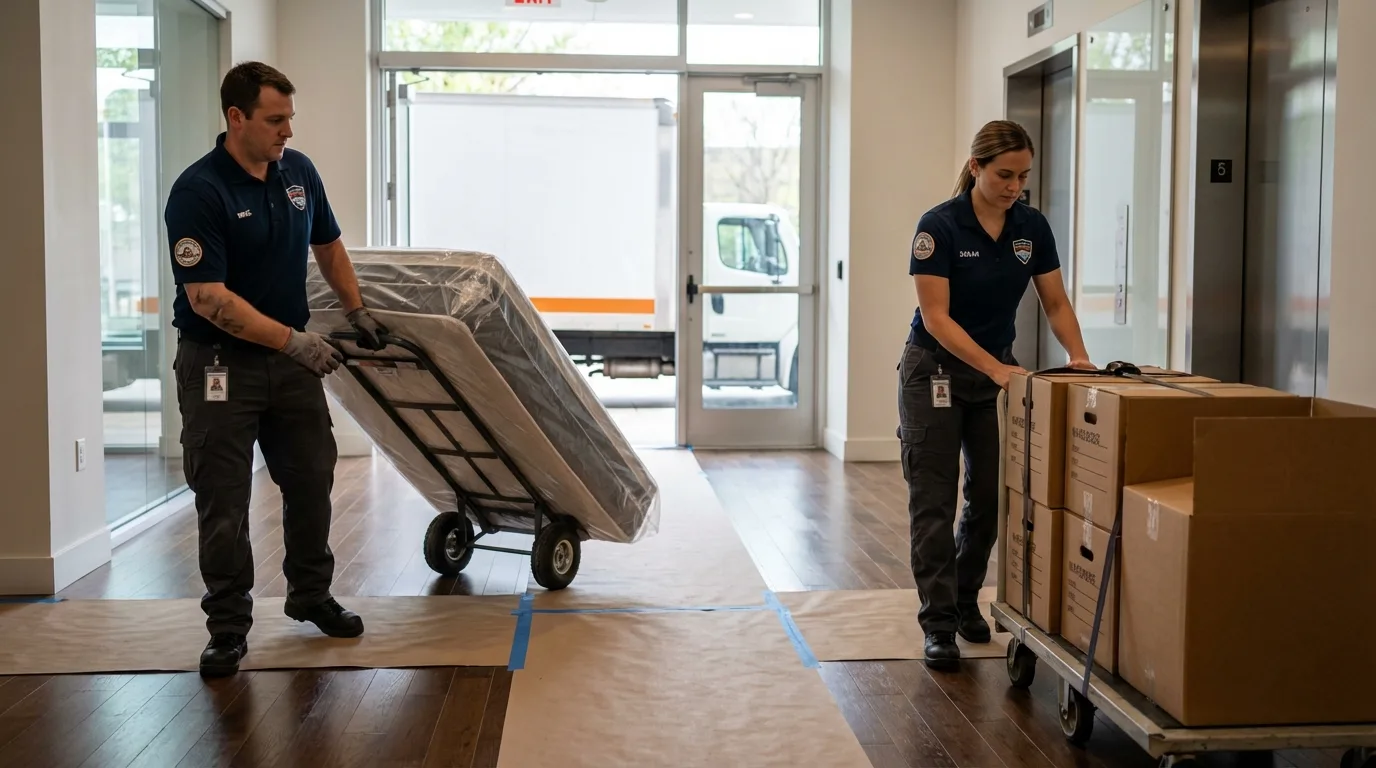 Professional apartment movers loading elevator in Reform, AL