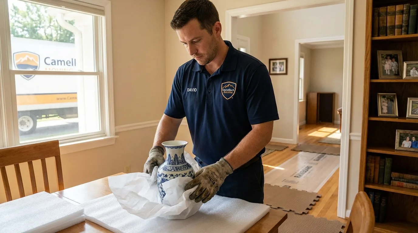 Professional crew carefully wrapping antique vase for senior downsizing move in Reform, AL